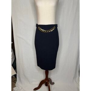 Milly New York Navy Blue Pencil Skirt with Gold Chain Detail